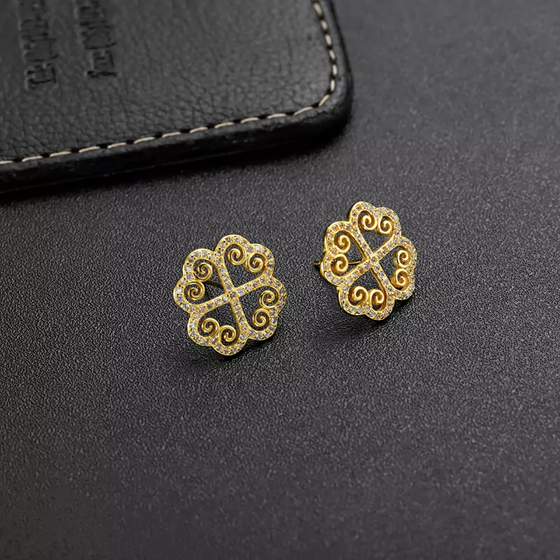 5102 5 Diamond studded earrings - Stainless Steel Gold Hollowed Out Diamond Flower Earrings