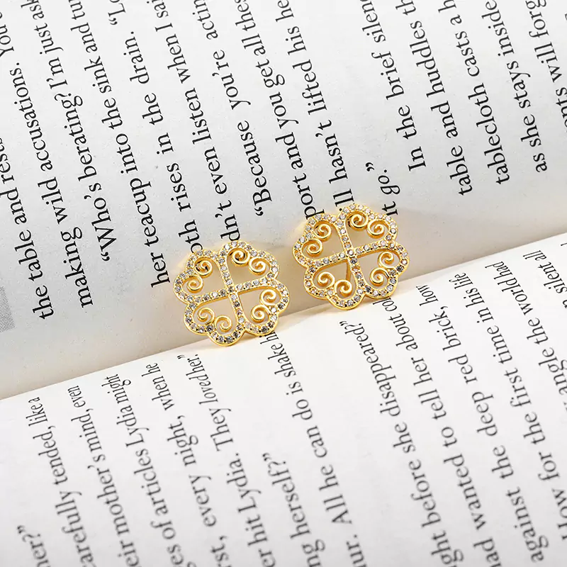 5102 7 Diamond studded earrings - Stainless Steel Gold Hollowed Out Diamond Flower Earrings